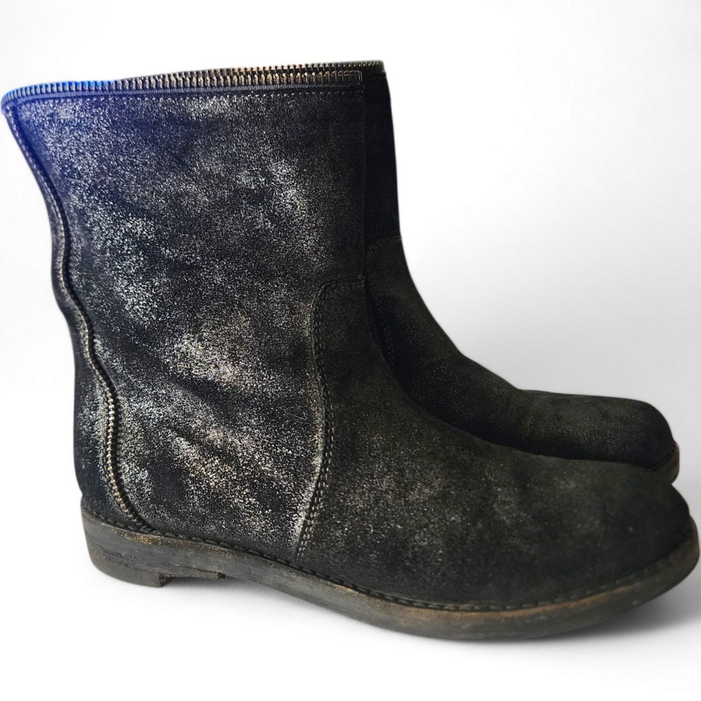 Eileen Fisher Suede Ankle Boots Black Metallic Detail Zip Back Black Size 7‎